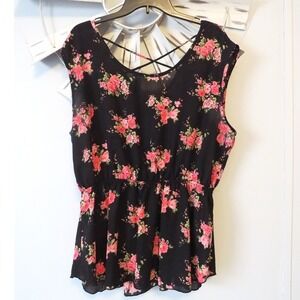 Libian Black Floral Peplum Blouse Crisscross Back Sleeveless Top Peplum Hem